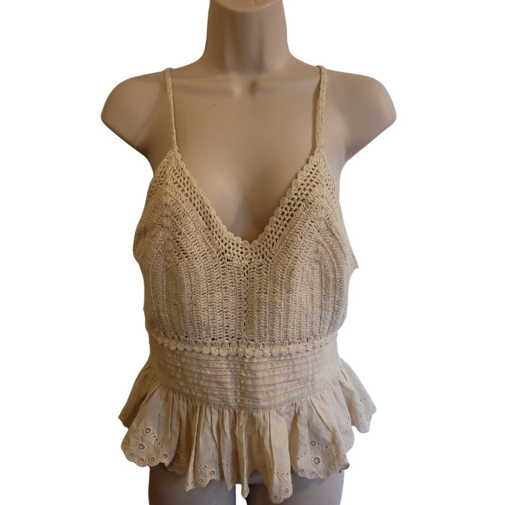 Zara NWT Ivory/Beige Crochet Embroidered Peplum Crop Top Size Small 100% Cotton